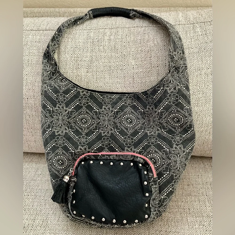 Candies Grey/White Boho Shoulder Bag Faux Leather Pocket Pink Trim & Tassel Zip